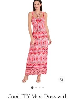 R&M Richards Coral and Pink Geometric Strap Maxi Dress